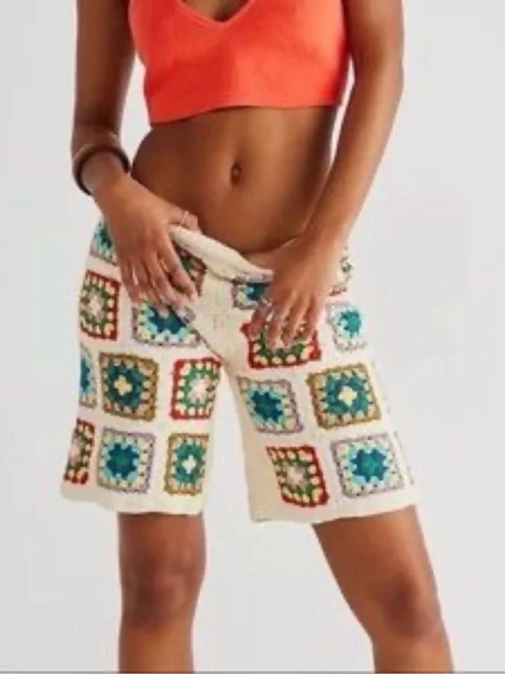 Free People x Flook Crocheted Granny Square Long Shorts Artisan Made Bali